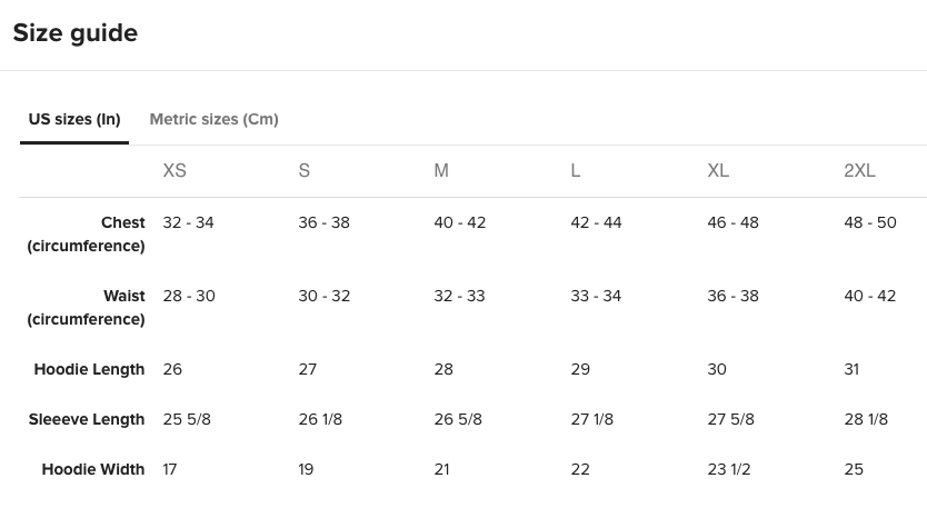 Zip Up Hoodie Size Chart