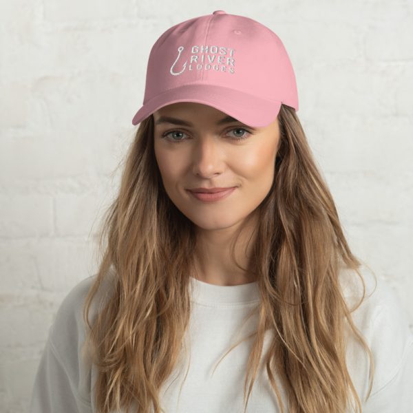 Ghost River Lodges – Dad Hat – Hook Logo – Pink-White – Female Model