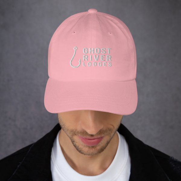 Ghost River Lodges – Dad Hat – Hook Logo – Pink-White – Male Model